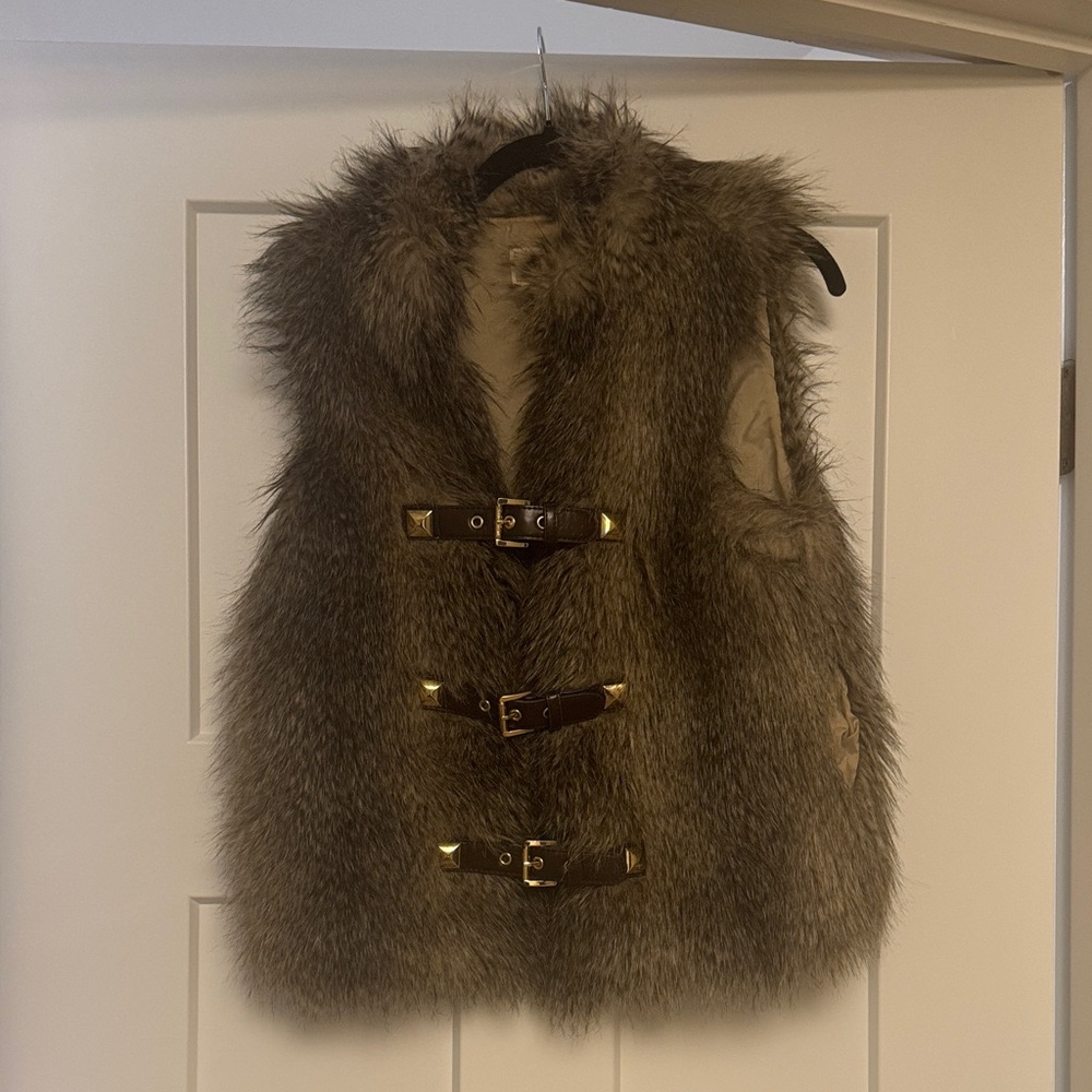Michael Kors Faux Fur Vest with Buckle Accents - Brown